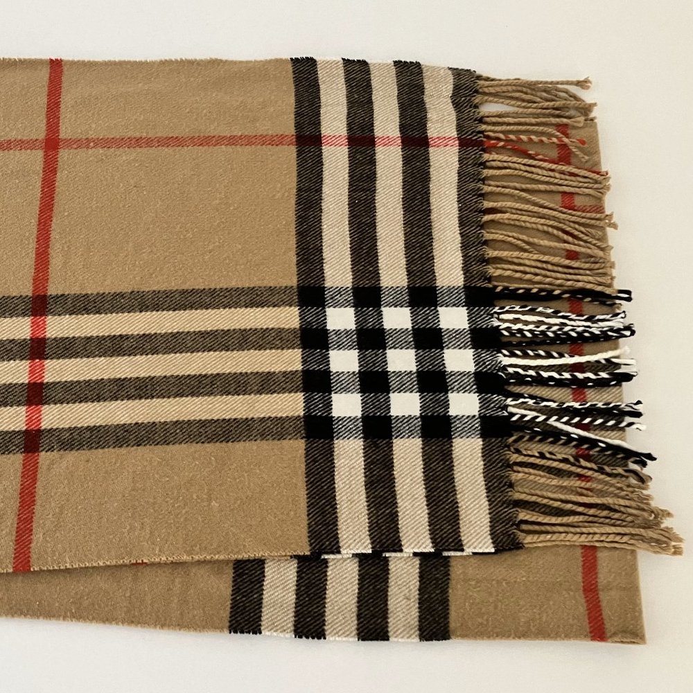 Trendy and classic tan plaid cashmere mix scarf